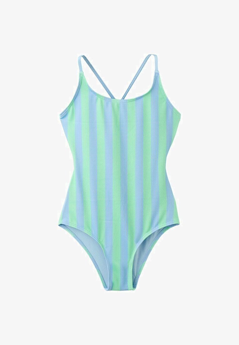 Einteiler-Badeanzug mit vertikalen blauen und grünen Streifen und dünnen, sich kreuzenden Schulterriemen.