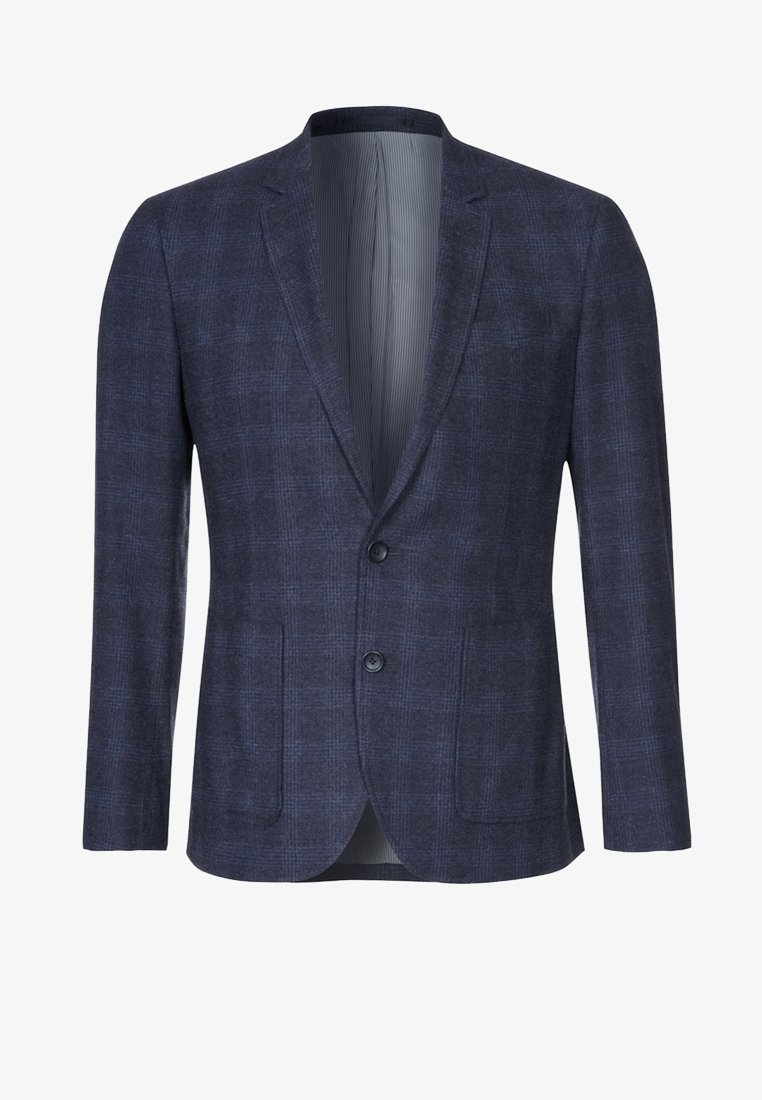 Marinblå rutig blazer med två-klämsknäppning, spårlappar och framfickor. Texturerat ulltyg med en slät randig foder.