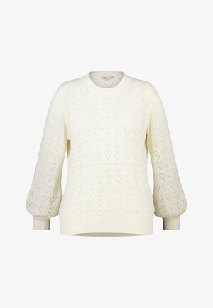 Crèmekleurige gebreide trui met hartpatronen, een ronde hals en pof mouwen. Zachte textuur met geribde boorden en zoom.