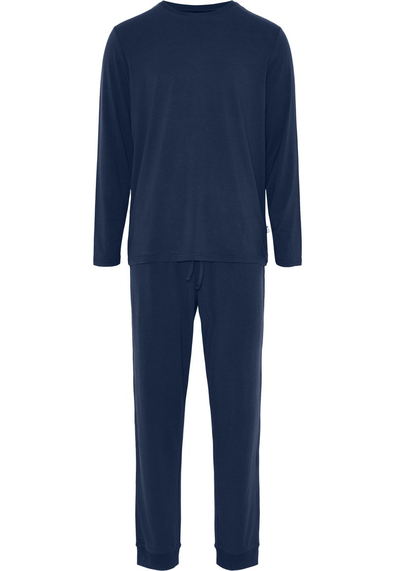 Mørkeblå langærmet pyjamasæt lavet af blødt stof, med en T-shirt i rund hals og bukser med elastisk talje og manchetter i bunden.