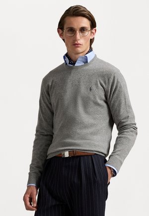Grijze gebreide trui met een ronde hals en een klein logo op de borst, gedragen over een lichtblauw overhemd met een kraag en marineblauwe stippen.