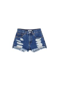 Shorts in denim di blu medio con orlo sfrangiato, dettagli usurati e design a cinque tasche; caratterizzati da un bottone in metallo e zip.