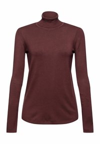 Maglione dolcevita bordeaux realizzato in tessuto a maglia elasticizzato, con maniche lunghe, polsini a coste e vestibilità aderente.