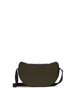 Dark olive green semi-circular crossbody bag with black adjustable strap and top double zipper closure, set against a white background.