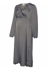 Långärmad omslagsklänning i ett mönstrat tyg med nyanser av brunt, blått och beige, med en åtsittande midja och flödande kjol.