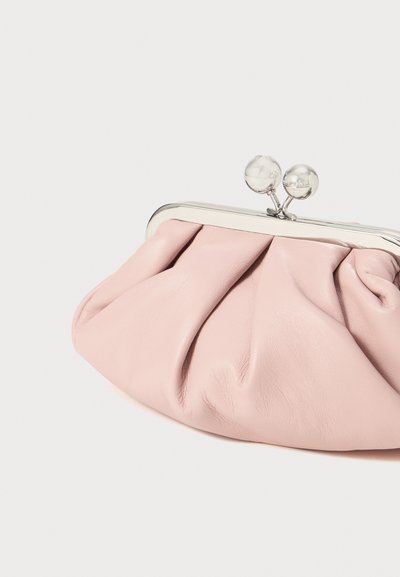 Pink leather clutch with gathered texture, silver metal frame, and two round closure knobs on top. Smooth finish and soft draping.