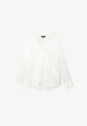 Biała satynowa bluzka z dekoltem w serek, długimi rękawami i zapinana na guziki. Posiada gładką strukturę i lekko zaokrąglony dół.