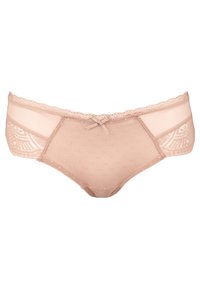 Light pink women's brief made of smooth fabric with polka dot texture. Features lace trim and a decorative bow at the front.