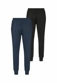 Dva para suženih trenirki s elastičnim pojasima i manžetama, jedan tamnoplavi sprijeda i jedan crni iza, prikazani na bijeloj pozadini.