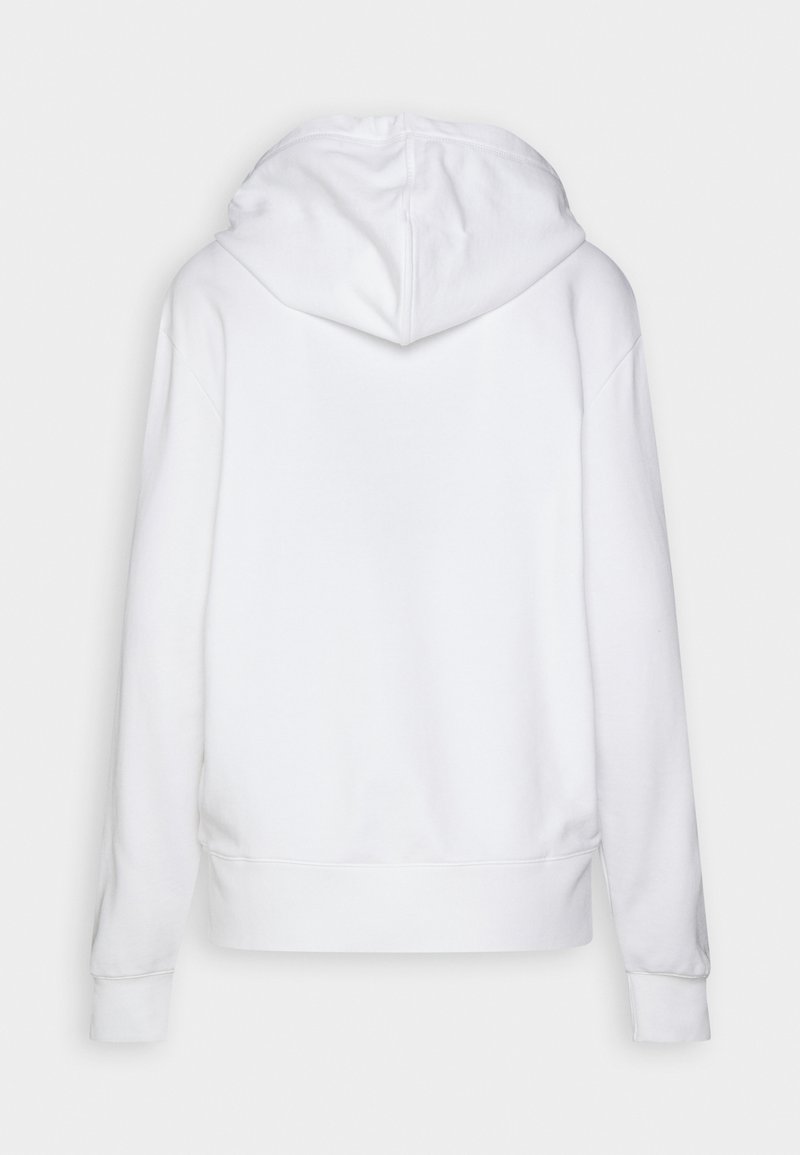 Biała hoodie z luźnym krojem, wykonana z miękkiej bawełny. Posiada prosty wzór na plecach oraz ściągacze przy mankietach i dolnym wykończeniu.