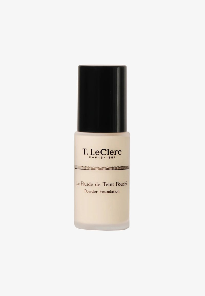 T. LeClerc Puder-Foundation in einer beige Glasflasche mit einem glänzenden schwarzen Deckel. Verfügt über elegante schwarze Schrift und ein dekoratives horizontales Band.