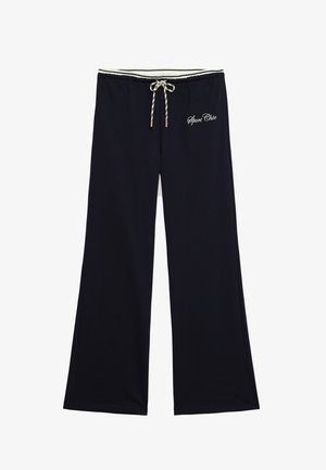 Schwarze weit geschnittene Hose mit elastischem Taillenbund, gestreiftem Kordelzug und "Sport Chic"-Aufschrift auf der oberen linken Seite.