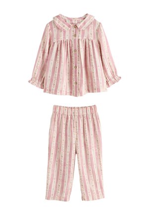 Pasiasty różowo-kremowy komplet piżamki dla małych dzieci z kwiatowymi akcentami, z długimi rękawami, zapinana na guziki góra z kołnierzykiem i spodnie z elastyczną talią.