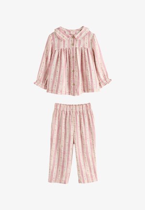 Rosa og cremefarvet stribet pyjamasæt til småbørn med blomsterdetaljer, langærmet, knaplukning med krave og bukser med elastik i taljen.