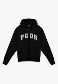 Černá mikina na zip vyrobená z bavlněné směsi, s velkým šedým grafickým potiskem "PG DR", předními kapsami a kapucí se šňůrkou.