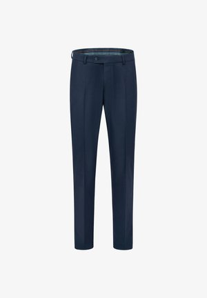 Marineblaue Hose mit glatter Textur, ausgestattet mit einem Knopfverschluss und einem karierter Innenbund. Gerades Bein-Design, taillierte Passform.