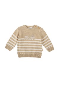 Jersey de punto beige con rayas horizontales blancas, que presenta un diseño bordado de un tren y un oso. Puños y cuello acanalados, cierre de dos botones.
