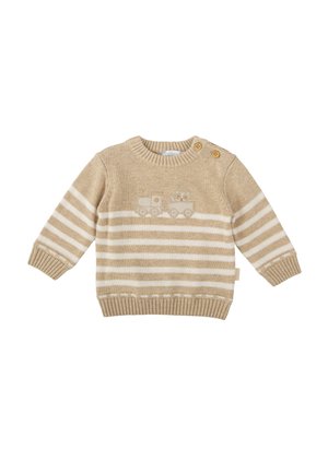 Jersey de punto beige con rayas horizontales blancas, que presenta un diseño bordado de un tren y un oso. Puños y cuello acanalados, cierre de dos botones.