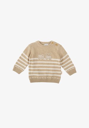 Jersey de punto beige con rayas horizontales blancas, que presenta un diseño bordado de un tren y un oso. Puños y cuello acanalados, cierre de dos botones.