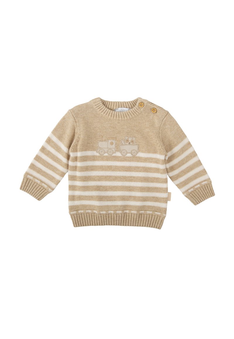 Jersey de punto beige con rayas horizontales blancas, que presenta un diseño bordado de un tren y un oso. Puños y cuello acanalados, cierre de dos botones.