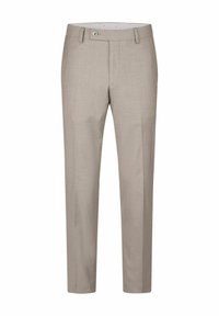 Beige maßgeschneiderte Hose aus leichtem Stoff. Sie hat einen Reißverschluss, Fronttaschen und eine subtile Textur mit geradem Beinschnitt.