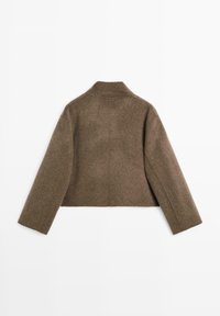 Brown cropped jacket with a textured fabric, long sleeves, and a small collar. Features a clean, minimalistic back design.