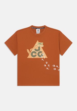 T-shirt laranja de manga curta em algodão, com uma gráfica de um triângulo com estampas de animais estilizadas e detalhes em branco.