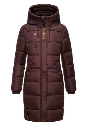 Bordeaux kleurige pufferjas met een hoge kraag en capuchon, met rits- en schuine zijzakken, geribde manchetten en logo-details.