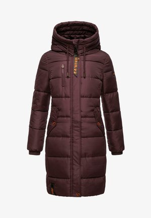 Abrigo tipo puffer en color burdeos con cuello alto y capucha, que incluye bolsillos laterales con cremallera y en ángulo, puños acanalados y detalles con el logotipo.