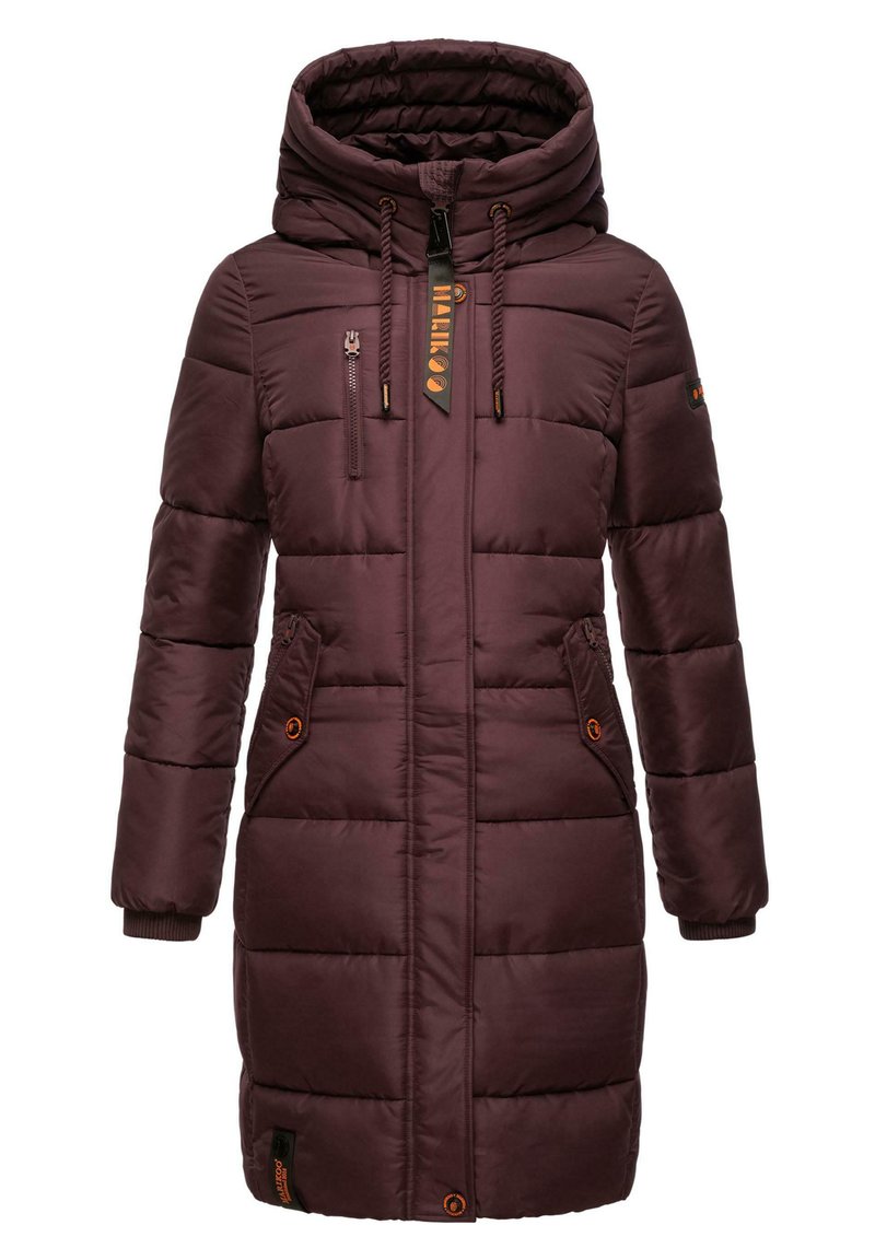 Maroon puffer coat with a high neck and hood, featuring zippered and slanted side pockets, ribbed cuffs, and logo detailing.