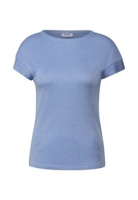 Modrý krátký rukáv top vyrobený z lesklé látky, s kulatým výstřihem a přiléhavým střihem. Jednoduchý design bez vzorů nebo ozdob.