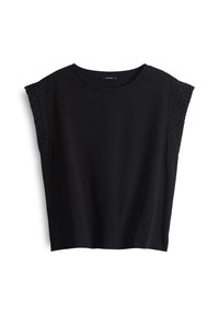 Haut noir sans manches avec encolure ronde et détails en dentelle sur les épaules, présenté sur fond blanc.