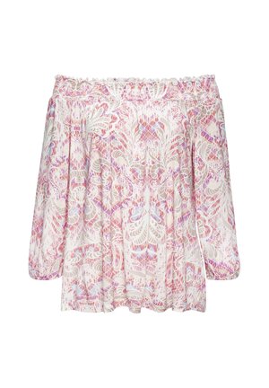 Women's off-shoulder blouse with long sleeves, featuring a pink and white intricate floral and geometric pattern.
