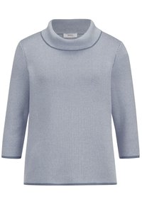 Suéter azul claro con cuello en cowl, mangas tres cuartos y un patrón texturizado, que presenta un borde contrastante en el escote y el dobladillo.