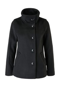 Manteau en laine noire avec col montant boutonné, cinq gros boutons sur le devant et deux poches latérales, présenté sur fond blanc.