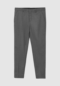Pantaloni grigi su misura con un tessuto testurizzato, dotati di tasche laterali inclinate e una parte frontale elegante, progettati per una vestibilità slim.