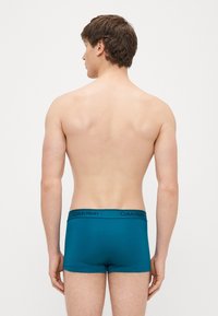 Tirkīzzilā krāsas boksētāja stila apakšbikses ar pieguļošu dizainu, mīkstu audumu un melnu Calvin Klein logotipu uz jostasvietas. Modelis redzams no aizmugures.