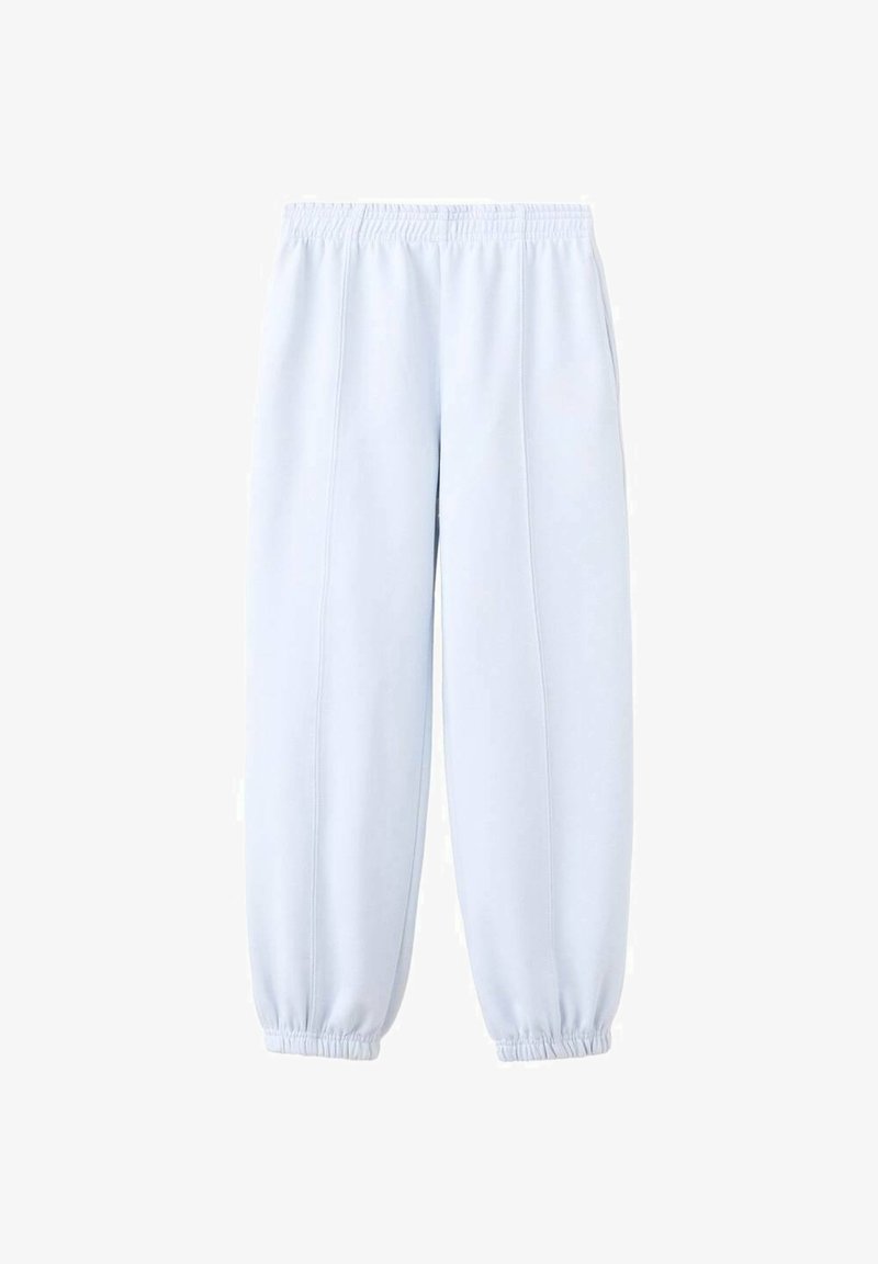 Pantalon de survêtement bleu clair en tissu doux, doté d'une ceinture élastique, de poignets froncés et de coutures latérales pour une coupe décontractée.
