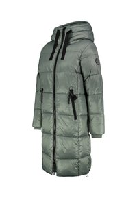 Gevoerde parka in gedempt groen met een gewatteerd ontwerp, voorzien van een capuchon, zwarte rits en zijzakken. Zachte, waterafstotende stof.
