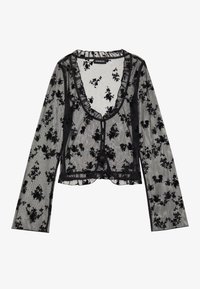 Zwarte doorschijnende blouse met bloemenpatroon, ruches aan de hals en mouwen, lange uitlopende mouwen en sluiting met knopen aan de voorkant, versierd met verfijnde kanten accenten.