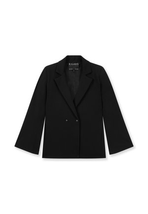 Blazer negro de doble botonadura con solapas de muesca, mangas largas y dos botones delanteros, mostrado sobre fondo blanco.