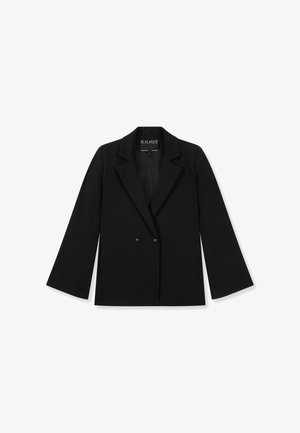 Schwarzer doppelt geknöpfter Blazer mit Reverskragen, langen Ärmeln und zwei vorderen Knöpfen, präsentiert auf weißem Hintergrund.