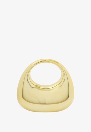 Guldfarvet metal skulptur med en glat, blank overflade. Har en karakteristisk rund form og en åben, cirkulær udsparing.