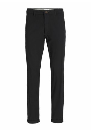 Zwarte katoenen broek van een katoenmix met een slim fit, voorzien van een knoopsluiting, zakken en opgerolde mouwen voor een casual afwerking.
