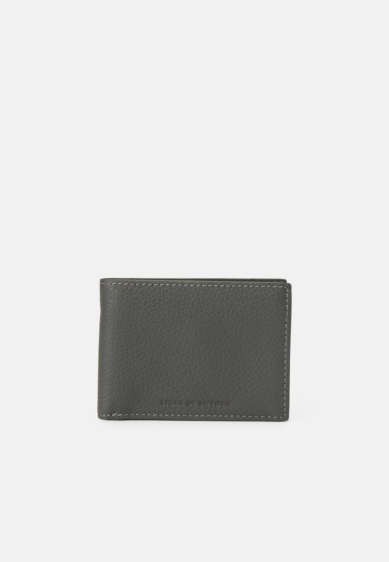 Gray leather wallet with a pebbled texture, compact rectangular shape, and contrasting stitching. Features a subtle embossed logo on the front.