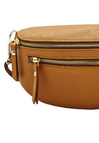 Sacoche en cuir marron avec un dessus arrondi, deux compartiments zippés, et des accents en métal doré. Surface texturée et petite bandoulière sur le côté.