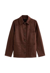 Chaqueta marrón de ante sintético con cuello con solapa, cierre frontal de botones y dos grandes bolsillos parche en la cintura.