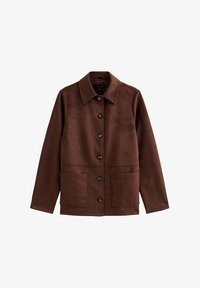 Chaqueta marrón de ante sintético con cuello con solapa, cierre frontal de botones y dos grandes bolsillos parche en la cintura.