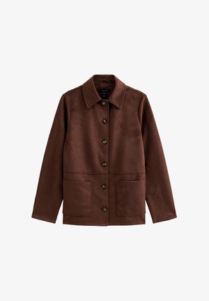 Braune Jacke aus Kunstwildleder mit einem Kragen, einer vorderen Knopfleiste und zwei großen aufgesetzten Taschen an der Taille.