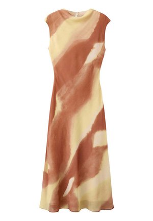 Robe midi sans manches avec motif aquarelle abstrait marron et beige, encolure ronde et fermeture par boutons dans le dos.
